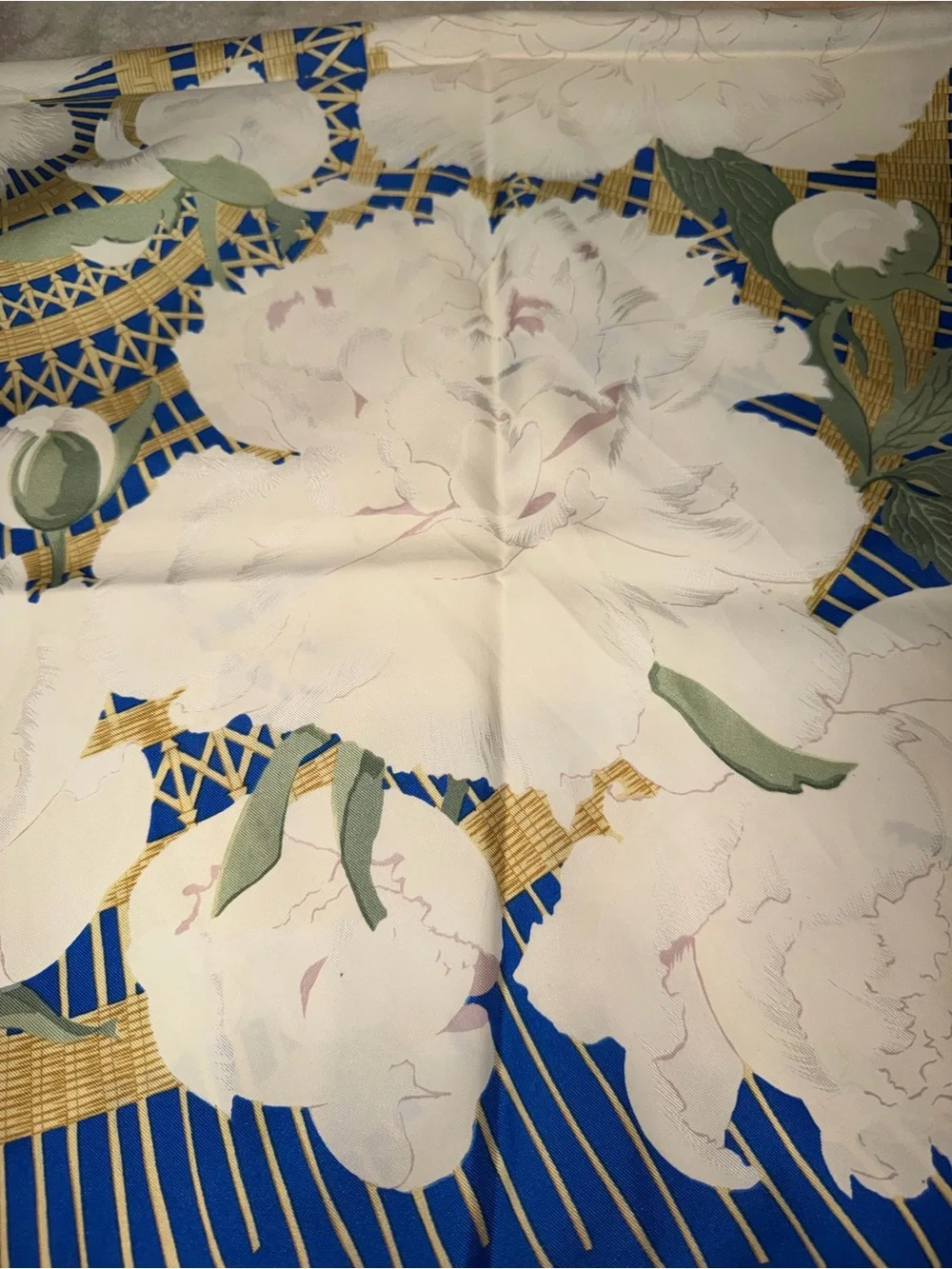 Hermes La Maison Blue White Gold Floral Silk Scarf